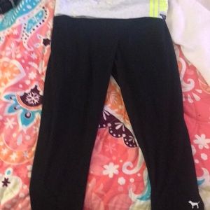 VSPink capri yoga leggings XS fold over waist grey w/ pink logo in neon yellow